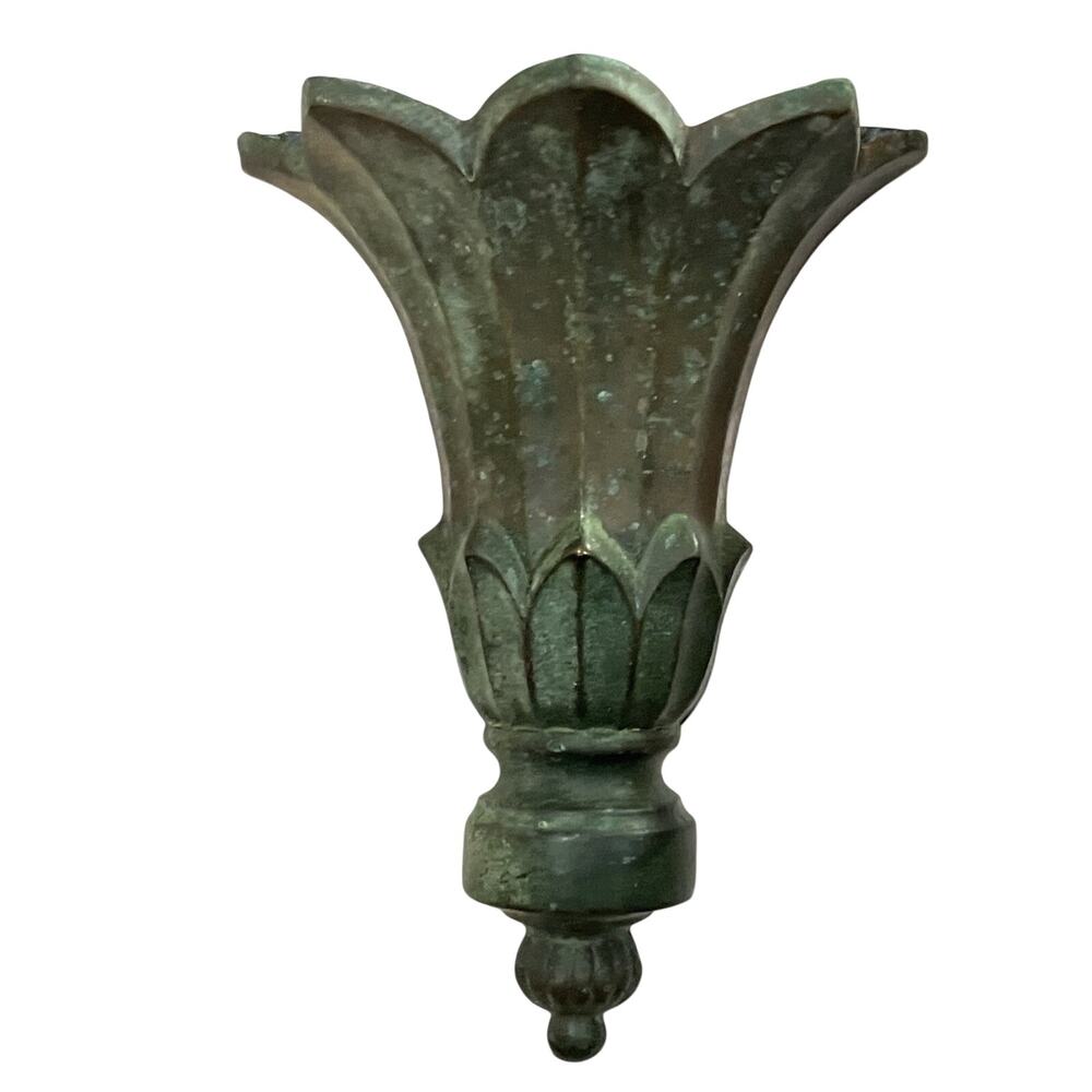 Vintage Heavy Cast Brass Wall Pocket Vase Gothic Revival Tulip Verdigris 11"